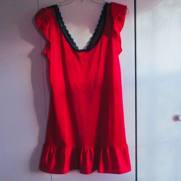 Monique Red & Black Lace Trim Slip Night Gown With Ruffle Hem - Medium Size - Picture 4 of 4